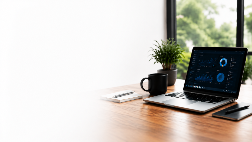Moderner Arbeitsplatz mit Laptop, Tasse und Notizblock
